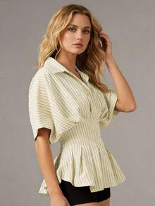Women's Striped Peplum Blouse Button Down Collared Short Puff Sleeve Cinched Waist Shirt For Casual - 淺黃色 - 查看 5