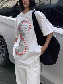 2026 Summer New Women's Round Neck Casual Loose Artistic Text Graphic Print T-Shirt, Street Fashion Versatile Student Short Sleeve Tee - White - View 1
