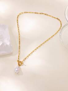 1pc Luxury Baroque Pearl OT Clasp Necklace, 18K Gold Plated Stainless Steel Paperclip Chain Pendant, High-End Design Jewelry, Gift For Commute And Dating - Yellow Gold - View 3