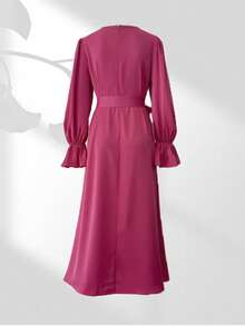 Fashionable Bell Sleeve Tie Front Long Sleeve Satin Dress - Hot Pink - View 4