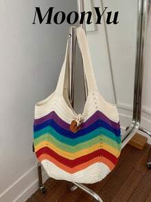 Women's Tote Bag, Shoulder Bag, Beach Bag, Crochet Bag, Large Capacity, Rainbow Striped, Stylish Vacation Cute - Beige - View 1