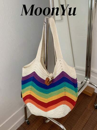 Women's Tote Bag, Shoulder Bag, Beach Bag, Crochet Bag, Large Capacity, Rainbow Striped, Stylish Vacation Cute