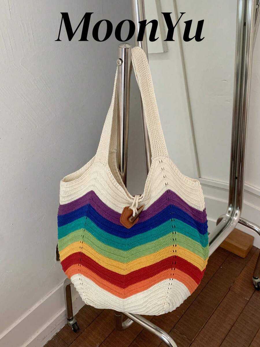 Women's Tote Bag, Shoulder Bag, Beach Bag, Crochet Bag, Large Capacity, Rainbow Striped, Stylish Vacation Cute - Beige - View 1