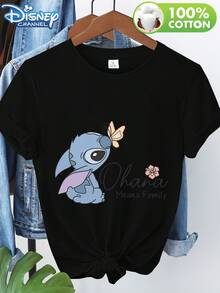 Disney Women's Spring/Summer 100% Cotton Short-Sleeve Crew Neck Casual T-Shirt With Mickey Mouse Print And Text - CanadaMade From Soft, Comfortable, And Durable Pure Cotton, This Is An Ideal Choice For Spring And Summer. This Crew Neck T-Shirt Is Suitable For Various Occasions, Including Everyday Wear, Shopping, Parties, Travel, And Gatherings, And Also Makes A Thoughtful Gift. - Black - View 1