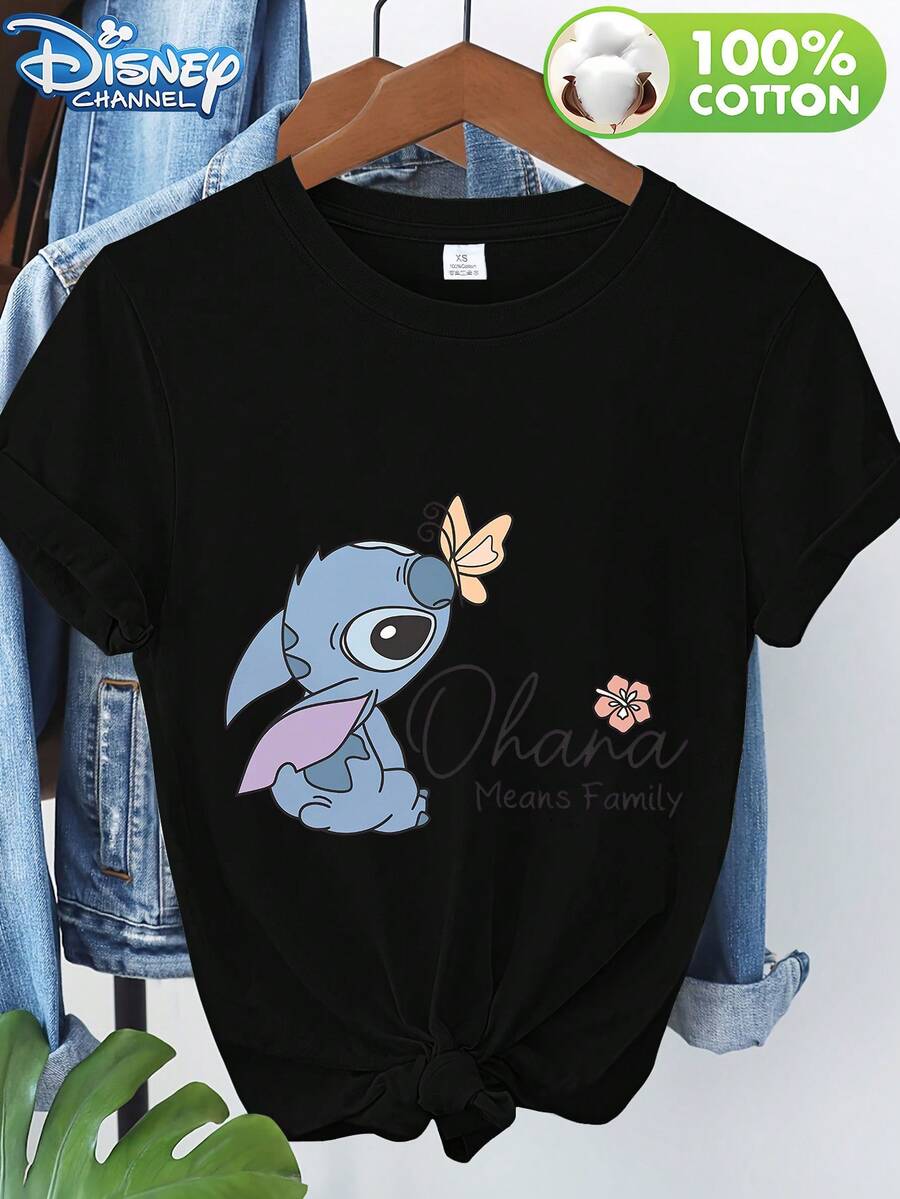 Disney Women's Spring/Summer 100% Cotton Short-Sleeve Crew Neck Casual T-Shirt With Mickey Mouse Print And Text - CanadaMade From Soft, Comfortable, And Durable Pure Cotton, This Is An Ideal Choice For Spring And Summer. This Crew Neck T-Shirt Is Suitable For Various Occasions, Including Everyday Wear, Shopping, Parties, Travel, And Gatherings, And Also Makes A Thoughtful Gift. - Black - View 1