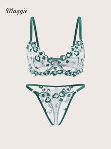 Bộ đồ lót Maggie Green thêu hoa 3D, áo ngực và quần lọt khe bằng lưới xuyên thấu, gồm 2 món. - Màu xanh lá cây đậm - Xem 1
