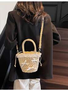 Bolso de paja con volantes y adornos de encaje, lazo dulce, bolso de mano para verano, picnic en la playa, salidas, bolso de hombro estilo francés - Caqui - Ver 4