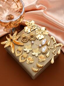 6pcs Fashion Minimalist Elegant Faux Pearl Flower, Heart, Irregular Geometric Liquid Gold Metal Stud Earrings Set, Suitable For Women's Holiday, Party, Banquet, Festival, Birthday, Daily Wear - Yellow Gold - View 4