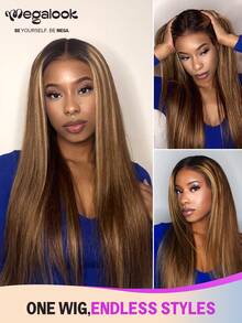 MEGALOOK 升级版 13x6 Max Three-Go™ 无胶抽绳假发，100% 真人发丝，棕色和金色挑染，柔顺直发波浪透明蕾丝前假发，180% 密度，预剪蕾丝和预拔毛自然发际线，挑染彩色假发，18-30 英寸 - S2/27 - 查看 1