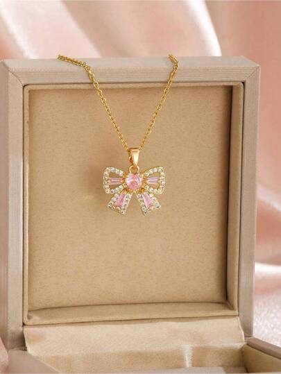 1pc Delicate Sweet Fashion Pink Heart-Shaped Bow Pendant Necklace, Suitable For Girls' Daily Decoration, Fashionable Street Parties And Festivals