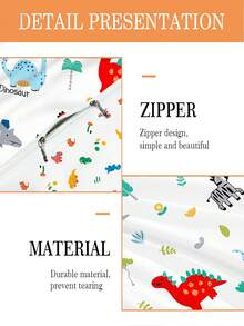 2件套婴儿床品套装，卡通恐龙和丛林动物图案，双面印花被套套装（春夏系列），适合儿童、青少年、男孩、女孩，四季通用，拉链封口（1个单面印花枕套+1个双面印花被套，不含填充物）。枕套为单面印花，尺寸为40x60厘米，100%涤纶。 - 彩色 - 查看 5