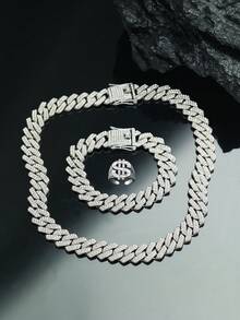 3pcs Hip Hop Jewelry,Eye-Catching Cuban Chain Men's Jewelry Set With Matched Bracelet,Hip Hop US Dollars Ring ,Necklace For Men, Rapper Jewelry,Men's Gift - A - View 2