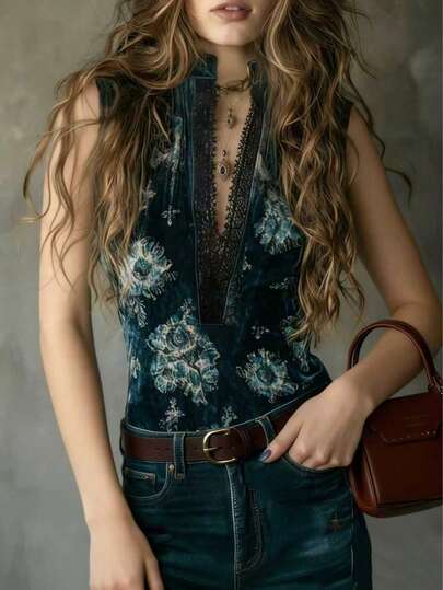 女士休闲花卉蕾丝边V领喇叭袖长袖衬衫，优雅沙滩装，日常穿着，春夏款