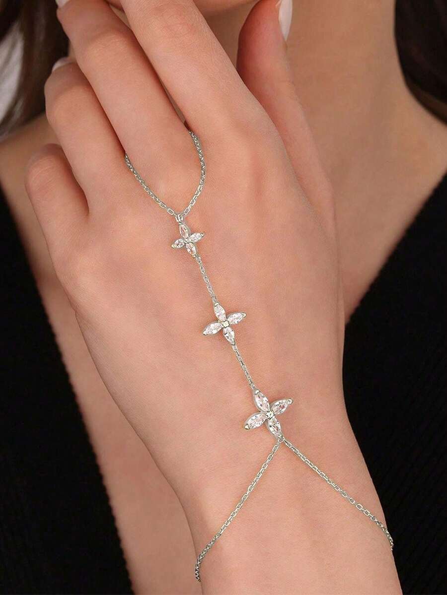 1件金色花朵造型手指手链,简约优雅女士水钻手链饰品 - 銀色 - 查看 1