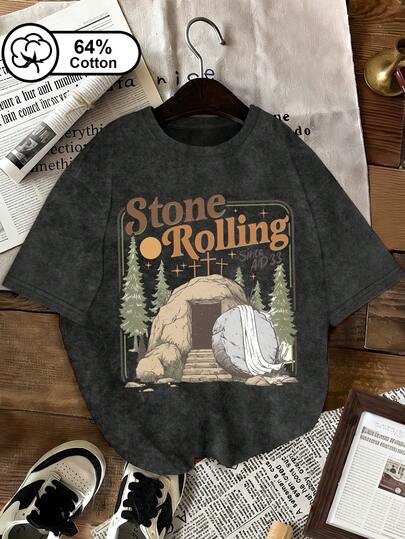 Women's Casual Everyday Plus Size T-Shirt, Comfortable Color Christian Print, Retro Snowflake Wash, Suitable For Outdoor Wear, Summer Clothing, Women's Graphic Print. Black