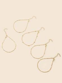 1 Set/5pcs Fashionable Minimalist Metal Stackable Anklet Set, Women Beach Holiday Party Jewelry Gift [Bead Chain Length Varies, Not By Bead Count] - Yellow Gold - View 4