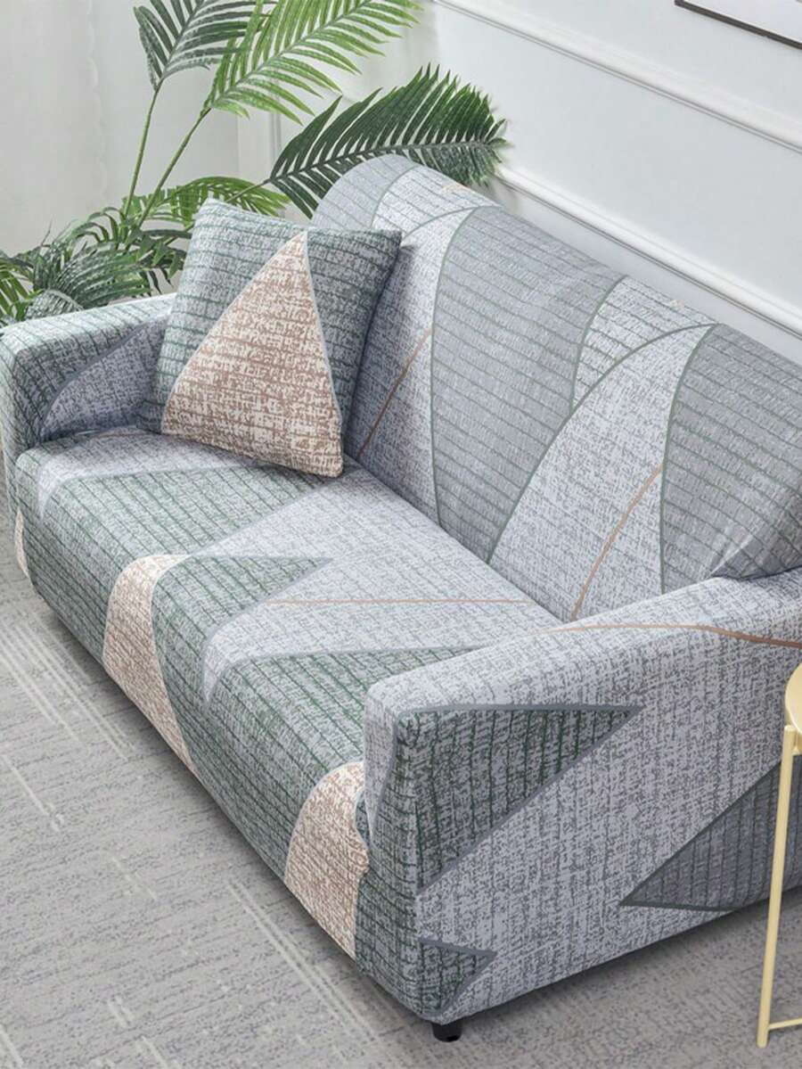 1 pieza Funda elástica de sofá de cobertura completa, con patrón geométrico, de tela de poliéster de estilo moderno, lavable a máquina, protege el sofá, resistente al polvo y la suciedad - Gris Claro - Ver 1