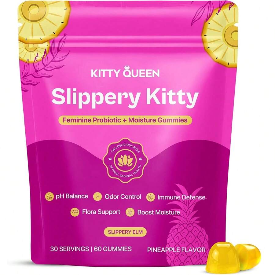 KITTYQUEEN Slippery Kitty Feminine Probiotic And Moisture Gummies, Pineapple Flavor, Women's Probiotic Gummies For Vaginal Health, PH Balance, Odor Control, Flora Support And Moisture Boost, 60 Count Vitamins Supplements Chlorophyll Creatina Monohidratada Vitamins Probiotics For Women Protein Powder Quick Ship Items Creatina Colageno - 60抽 - 查看 1