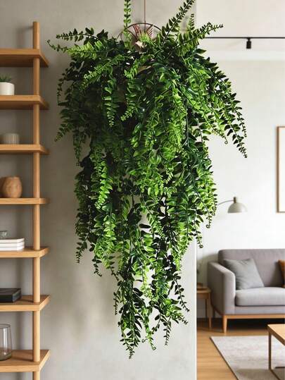 1pc Artificial Boston Fern Plant Hanging Vine Decor, Plastic Green Ivy Wall Decoration For Indoor Outdoor, Wedding Wreath