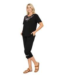 Women Short Sleeves Embroidered Cotton Blend Lounge Wear  Sets - 黑色 - 查看 3
