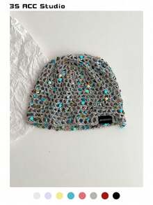Handmade Sequin Hollow-Out Mesh Cap, Fashionable Retro Versatile Beanie Hat, Minimalist Knitted Headwrap, Shiny Knitted Beanie, Fishnet Cap, Lightweight Breathable Knitted Beanie For Spring & Summer - Multicolor - View 12