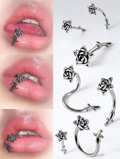 Pendientes de aro con forma de S de acero inoxidable con flor de rosa en forma de herradura, anillo de ombligo de moda clásica para mujer, joyería de piercing de labio