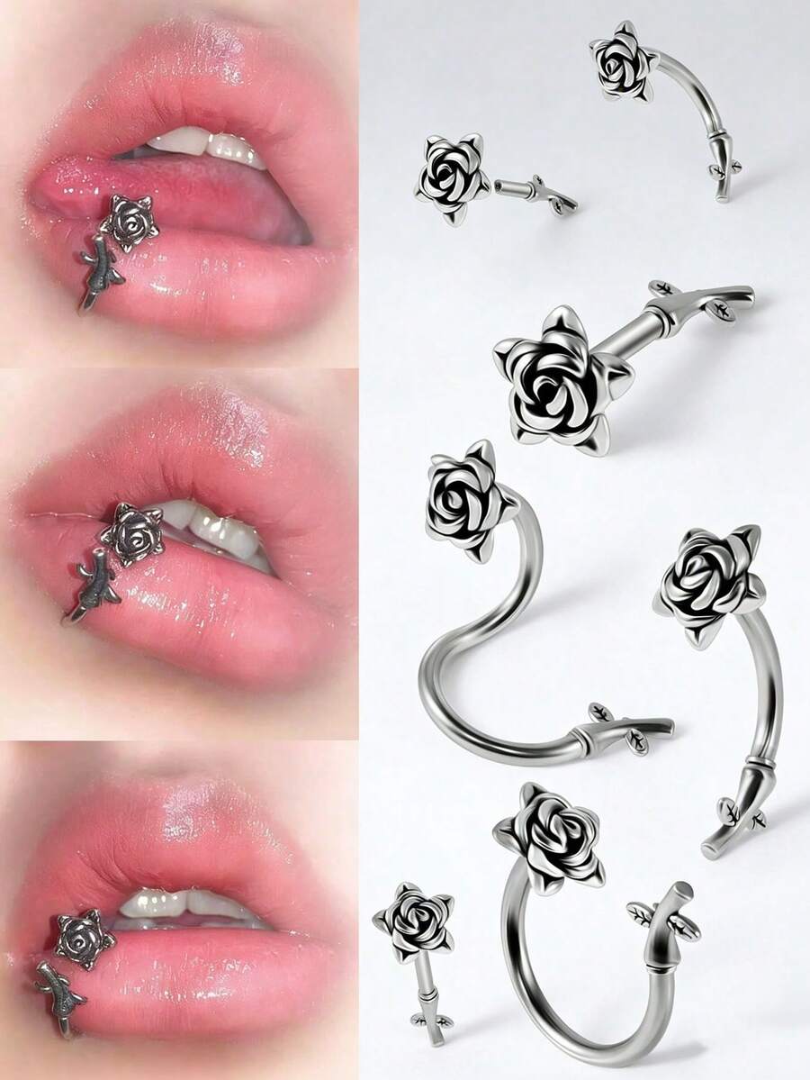 不锈钢马蹄形玫瑰花耳钉 S形耳环 女士时尚经典肚脐环唇钉 唇部穿孔饰品