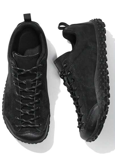 女士户外运动鞋，黑色纯色PU透气橡胶鞋底防滑低帮系带徒步鞋，宽鞋头防撞登山鞋，舒适百搭平底女鞋，学生及情侣休闲运动鞋