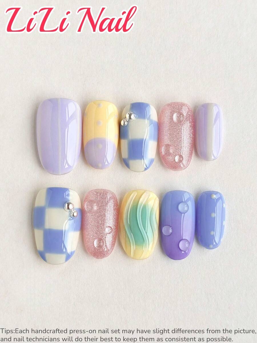 10片手工亚克力美甲贴纸，适合短指甲，方形和圆形，蓝色、紫色、波点、闪粉、手绘、水滴、棋盘格图案，可爱美甲，可重复使用美甲套装，含工具，适合日常、派对、办公、夏季礼物