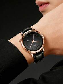 TOMI Men's Minimalist Business 4-Digit Date Leather Strap Watch - Black - View 4