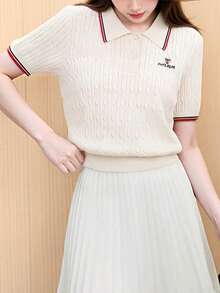 Alicedudu 女士夏季休闲简约撞色饰边刺绣短袖针织Polo衫 - 米色 - 查看 4