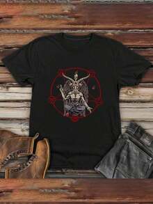 Camisetas de Manga Corta para Hombre con Diseños Retro del Pentagrama de Baphomet para Primavera y Verano - Negro - Ver 5