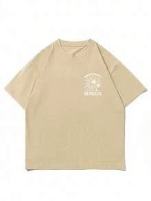 Fractyr 男士休闲度假街头风宽松短袖T恤 | 简约棕榈树和太阳字母印花 | 精致设计 | 夏季必备 | 百搭时尚 - 杏色 - 查看 4