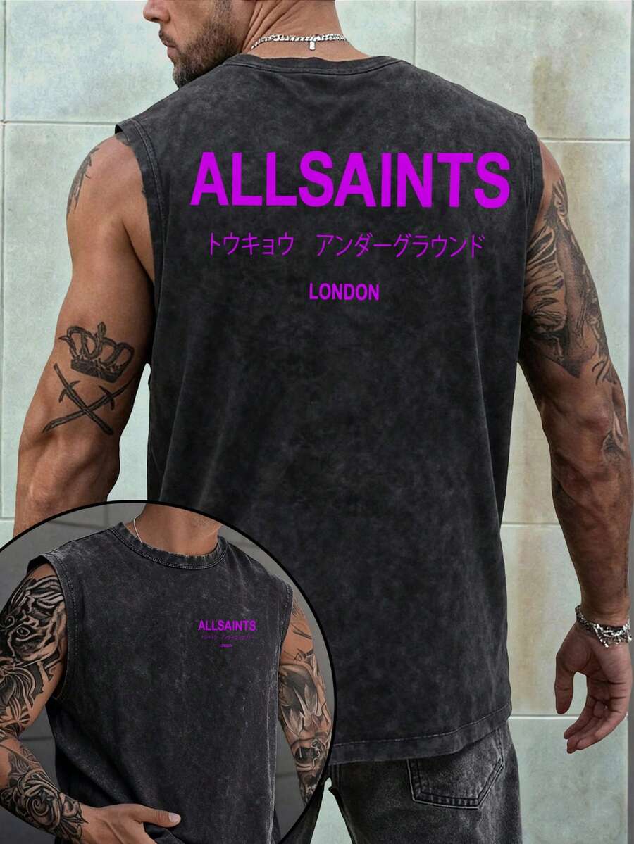 Men's Printed Vintage Washed Vest, Loose Fit, Casual Street Style, An Essential Everyday Item. - màu đen - Xem 1