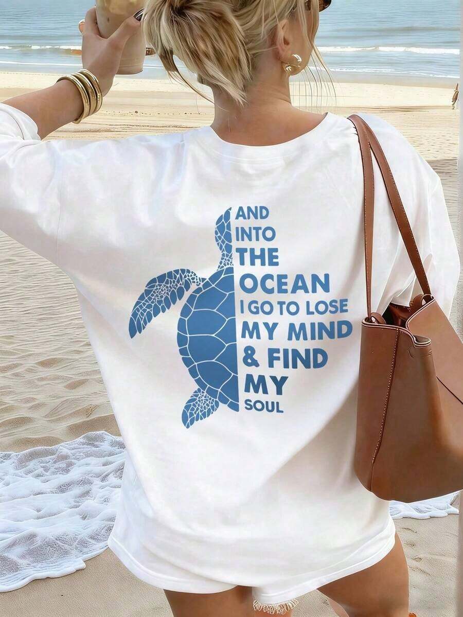 2026 New Arrival Women's Summer New Simple Slogan Print Casual Vacation Loose Fit Round Neck Short Sleeve T-Shirt, Fashionable Everyday Top, Suitable - 白色 - 查看 1