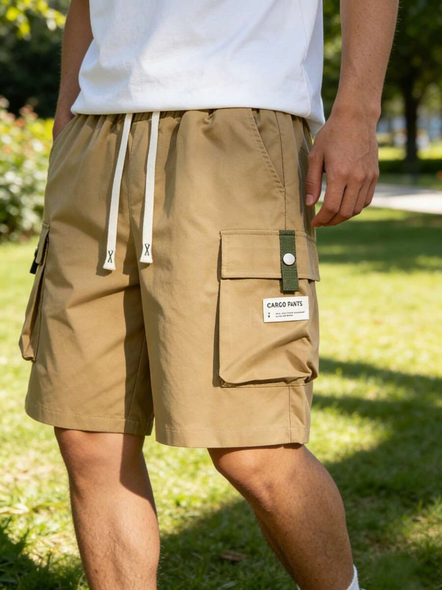 Pantalones cortos cargo de verano para hombres con cintura elástica, diseño de múltiples bolsillos, corte holgado para uso casual y uso diario al aire libre - Caqui - Ver 1