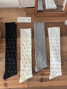 1/4 双装女士小腿袜，波点学院风修身长筒袜，百搭裙装 - 彩色 - 查看 3