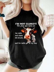 Camiseta del Día de la Madre "Vaca, no soy torpe, el suelo simplemente me odia, la mesa", holgada, informal, deportiva, de verano, con cuello redondo y manga corta, para mujer - Negro - Ver 6