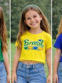 Cropped Oversized T-Shirt For Children 2 To 15 Years Old - BRAZIL / WORLD CUP! - 黃綠/綠色 - 查看 5