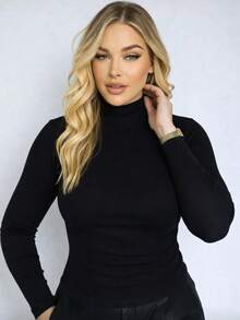 Women's High Neck Blouse With Fleece Lining, Ribbed Knit, Long Sleeves, Winter, Autumn, Thermal Base Layer, Fitted, Fashion Blogger Style - Black - View 1