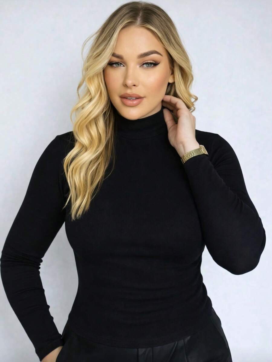 Women's High Neck Blouse With Fleece Lining, Ribbed Knit, Long Sleeves, Winter, Autumn, Thermal Base Layer, Fitted, Fashion Blogger Style - Black - View 1