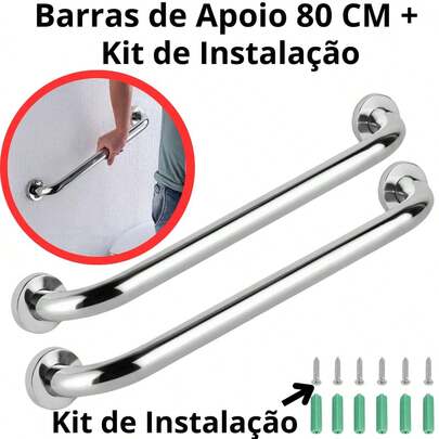 Kit Barras Alça de Apoio Suporte Para Parede Inox Corrimão Banheiro Idoso Cadeirante Crianças 80cm