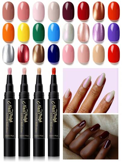 4-Color Nail Polish Pen Set, Water-Based Quick-Drying Long-Lasting Solid Color Pearl Glitter Nail Art Supplies, Suitable For Women And Girls Nail Salon Decoration