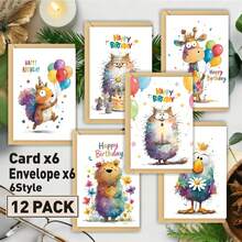 FFXK 12pcs Cute Animal Watercolor Birthday Greeting Cards Set, Suitable For Gifting To Husband, Friends, Sisters, Lovers, Male/Female Colleagues, DIY Gift Set With Adorable Patterns - View 5
