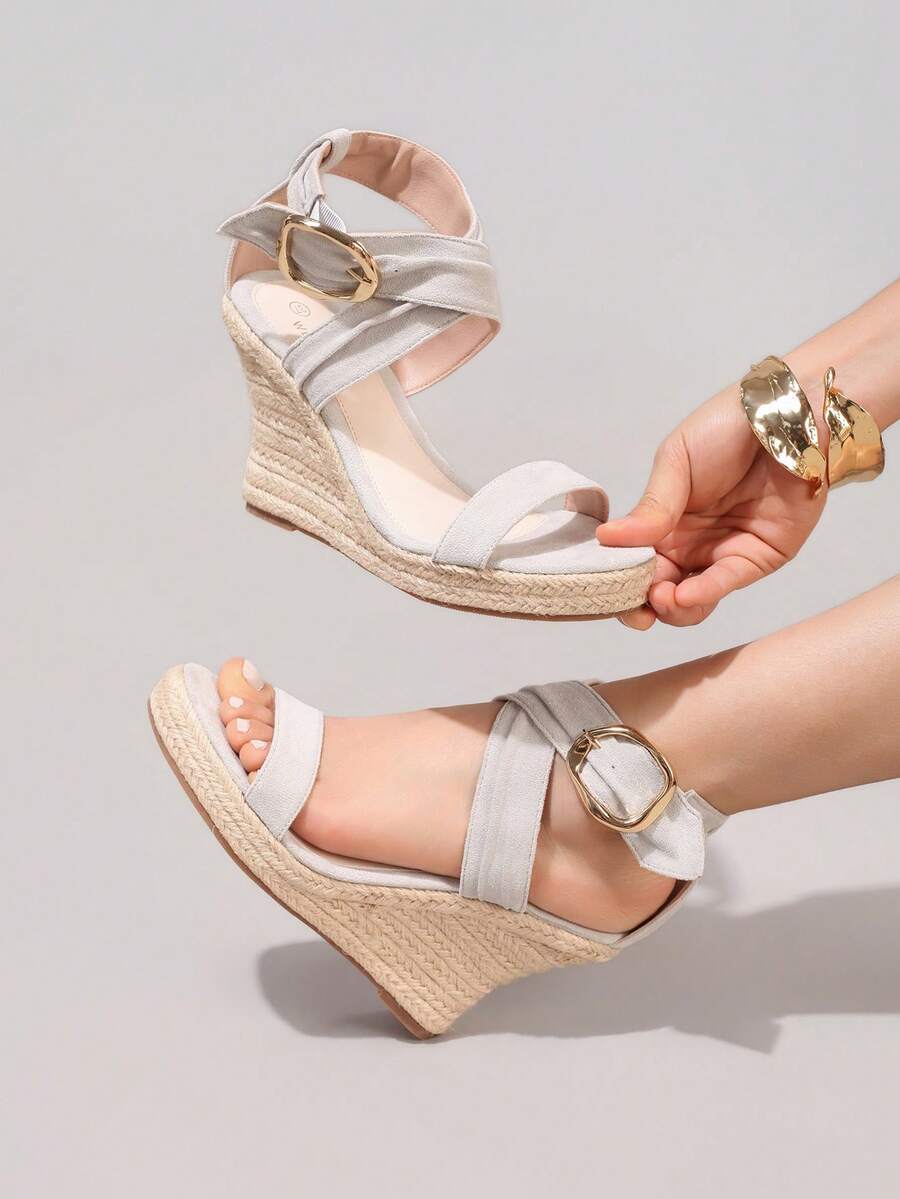 绳编厚底露趾优雅高跟凉鞋，女士度假休闲日常时尚麂皮鞋