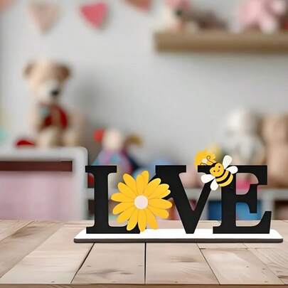木质心形蜜蜂向日葵装饰牌 - 乡村风格桌面摆件，适用于书桌、卧室、书架 - 人造材质 - 春夏主题装饰礼品，无需用电 - 免费