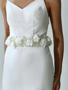 1pc Pearl 3D Floral Decor Bridal Waist Belt, Versatile For Use As Headpiece, Suitable For Wedding Dress, Evening Gown, Party Wear - Multicolor - View 4