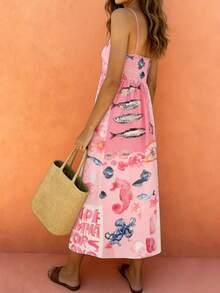 Women's Tropical Fish, Seashell & Letter Print Casual Vacation Dress, Spring/Summer - Pink - View 4