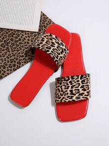 Women's Leopard Print Slip-On Comfortable Casual Fashion Red Flat Sandals, Lightweight Slippers For Summer - Leopard - View 7