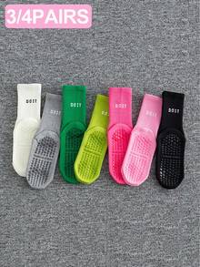 1/3/4 Pairs Women's Random Letter Print Non-Slip Silicone Dot Pilates Fitness Mid-Calf Socks - Crew Socks - View 1